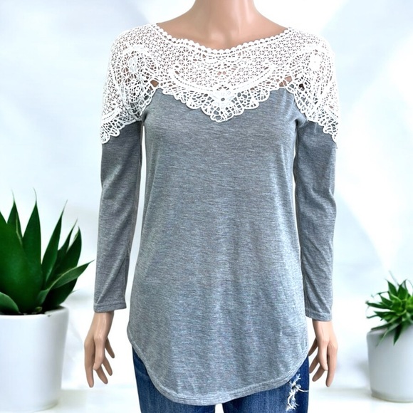 Heather Gray Plain Lace Long Sleeve Crew Neck T-Shirt - Picture 3 of 16